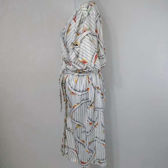 Vintage 80s Homemade Women's White Geometric Colorful Midi Dress with Belt - Picture 4 of 8